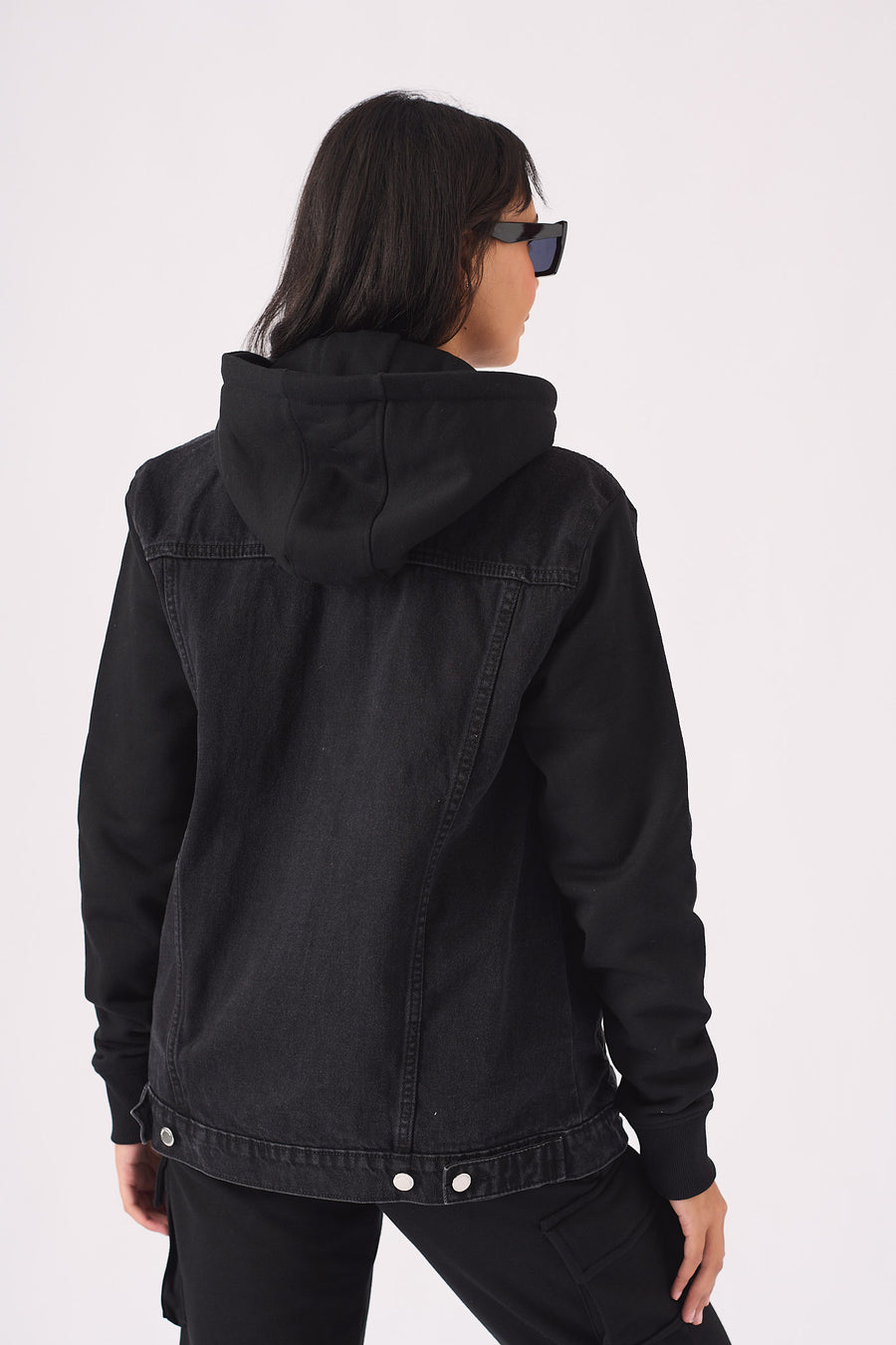 HOODED DENIM JACKET - BLACK WASH -  Women's Fleece Hooded Denim Jackets