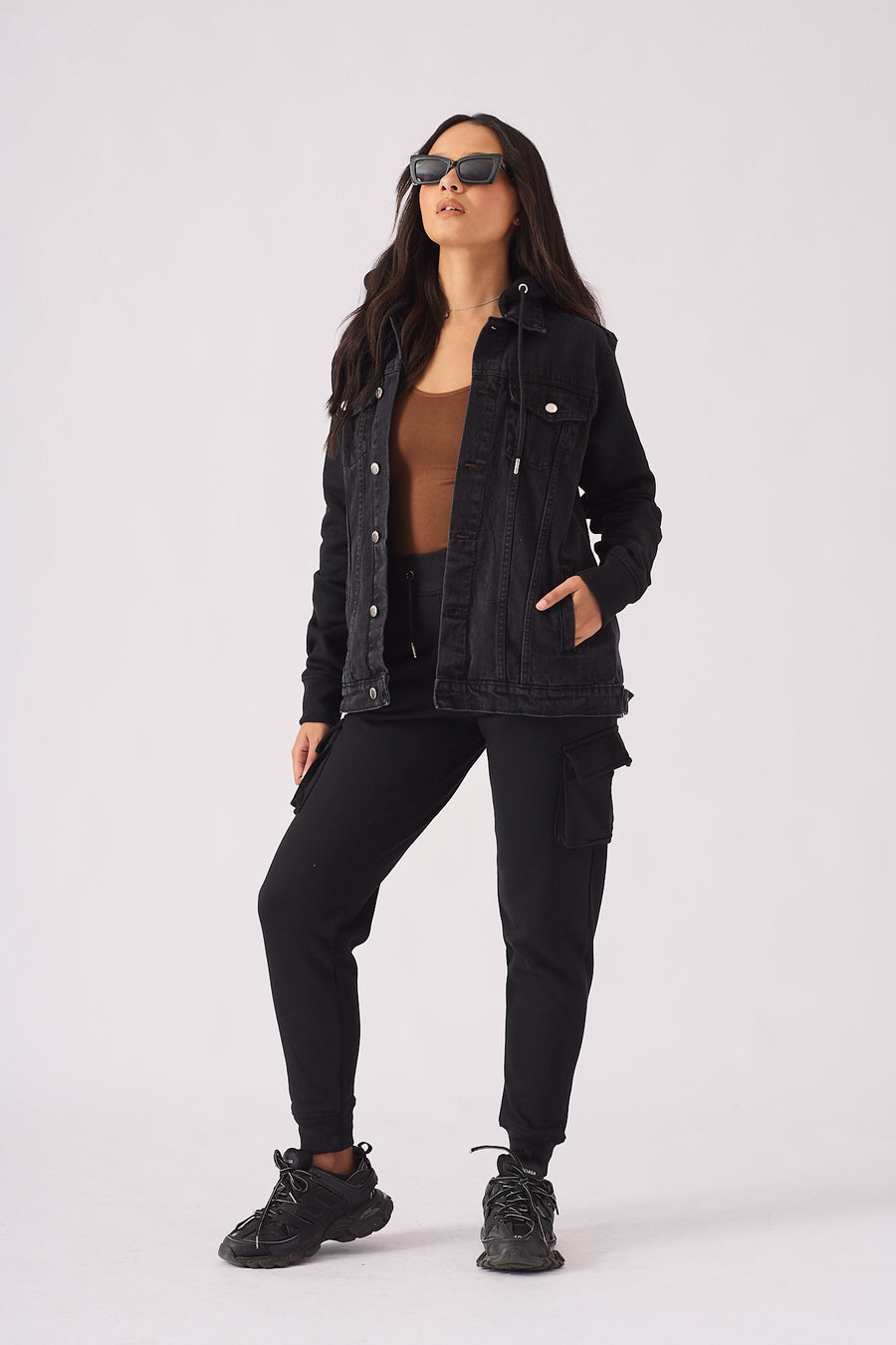 HOODED DENIM JACKET - BLACK WASH -  Women's Fleece Hooded Denim Jackets