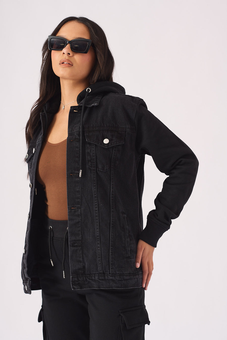 HOODED DENIM JACKET - BLACK WASH -  Women's Fleece Hooded Denim Jackets