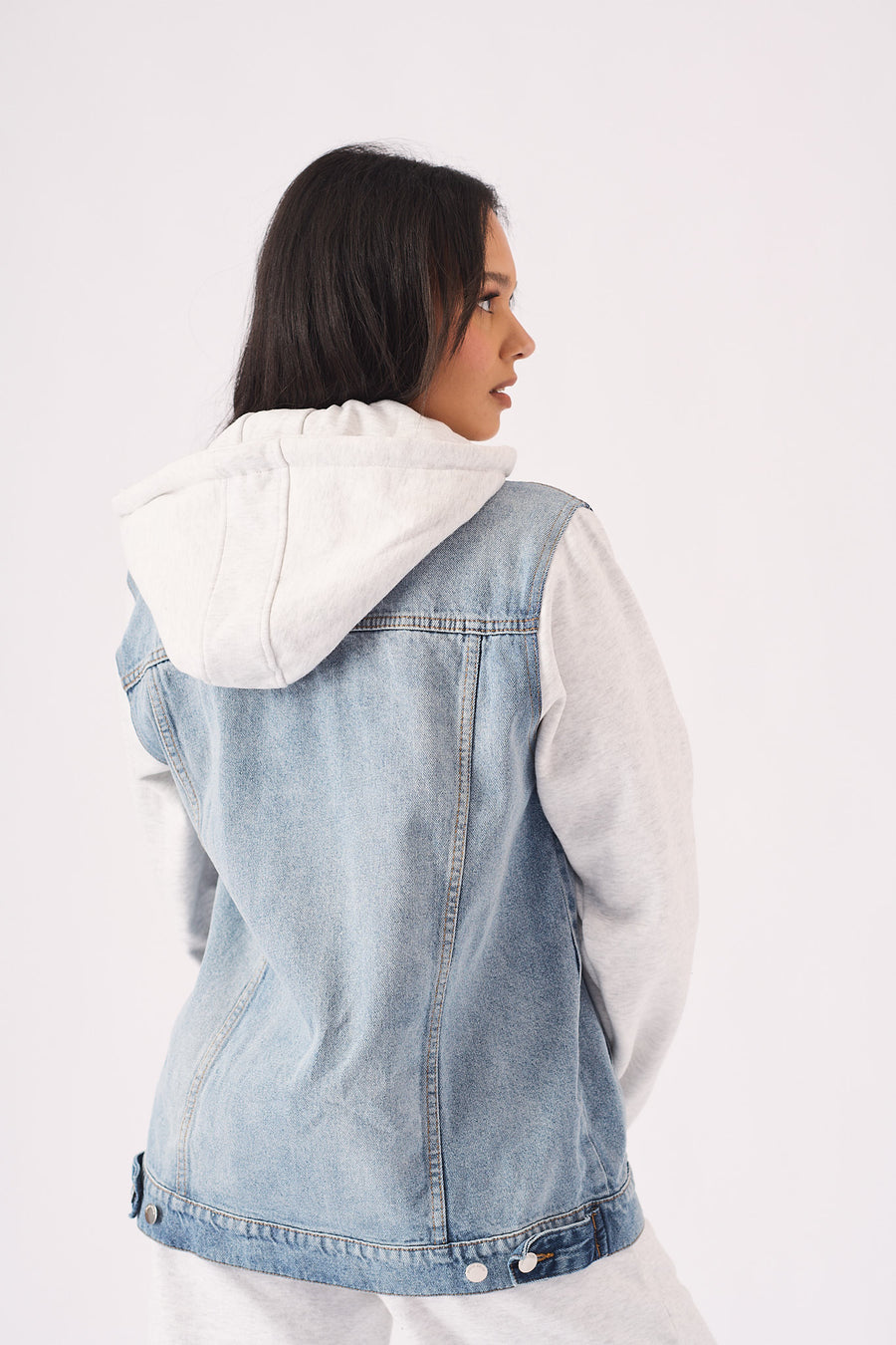 HOODED DENIM JACKET - LIGHT BLUE WASH -  Women's Fleece Hooded Denim Jackets