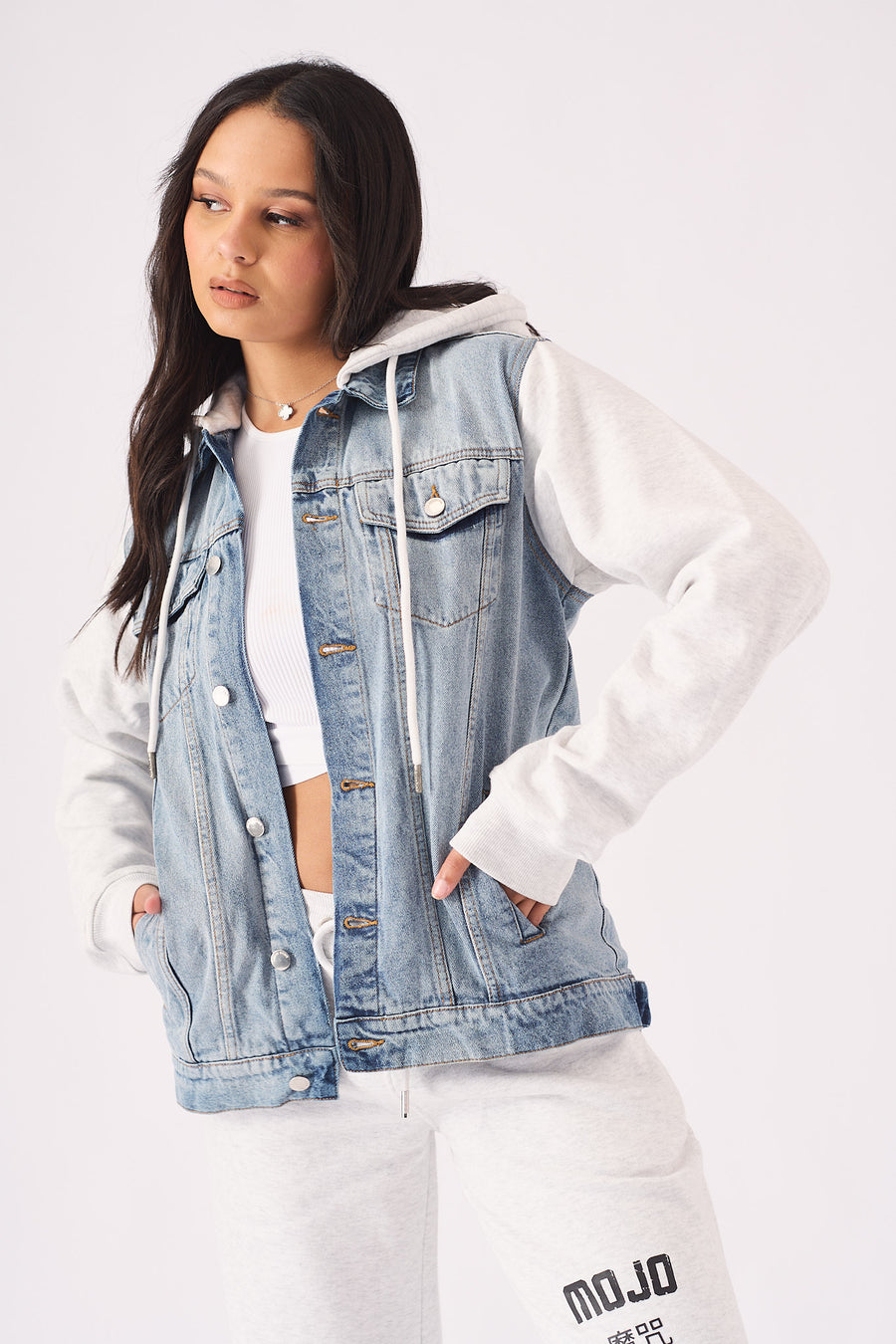 HOODED DENIM JACKET - LIGHT BLUE WASH -  Women's Fleece Hooded Denim Jackets