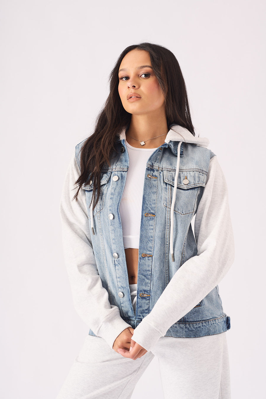 HOODED DENIM JACKET - LIGHT BLUE WASH -  Women's Fleece Hooded Denim Jackets