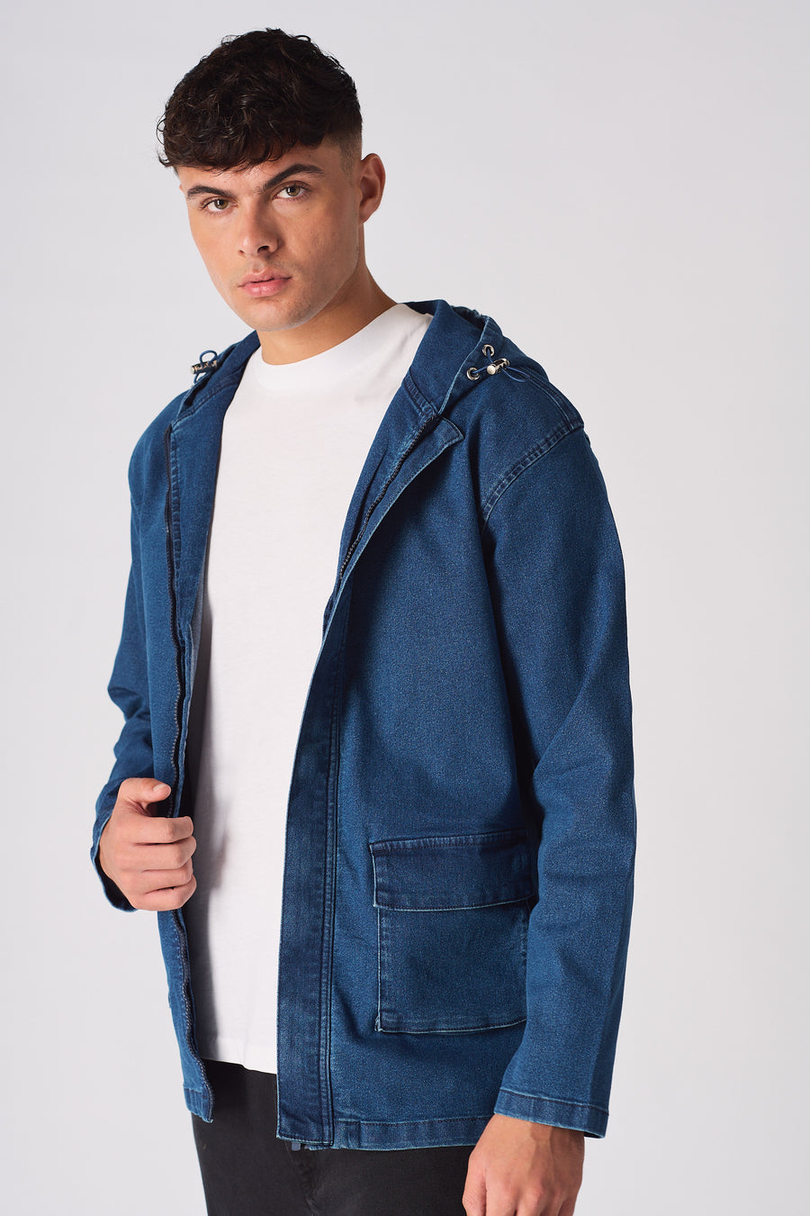 HOODED DENIM JACKET - MID BLUE WASH -  Men's Hooded Cargo Denim Jackets
