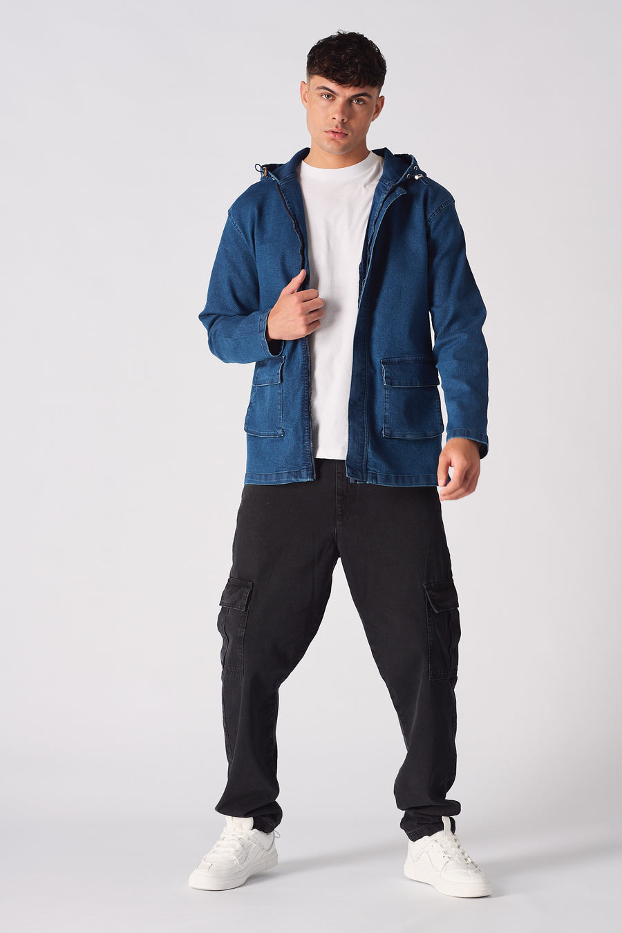 HOODED DENIM JACKET - MID BLUE WASH -  Men's Hooded Cargo Denim Jackets