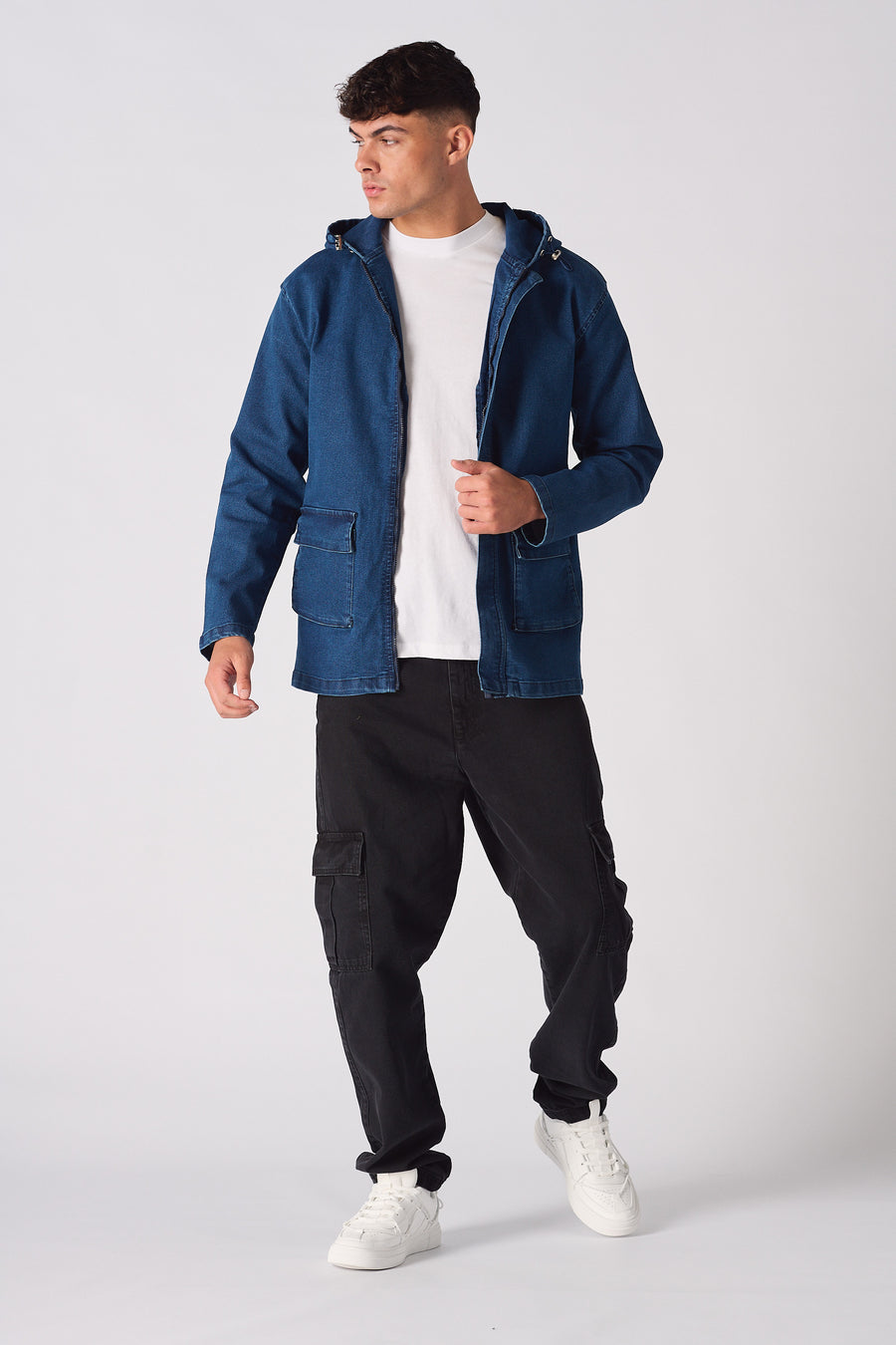 HOODED DENIM JACKET - MID BLUE WASH -  Men's Hooded Cargo Denim Jackets