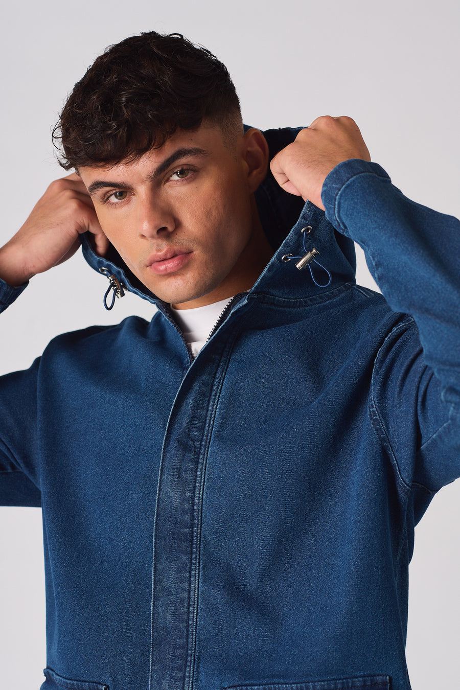 HOODED DENIM JACKET - MID BLUE WASH -  Men's Hooded Cargo Denim Jackets