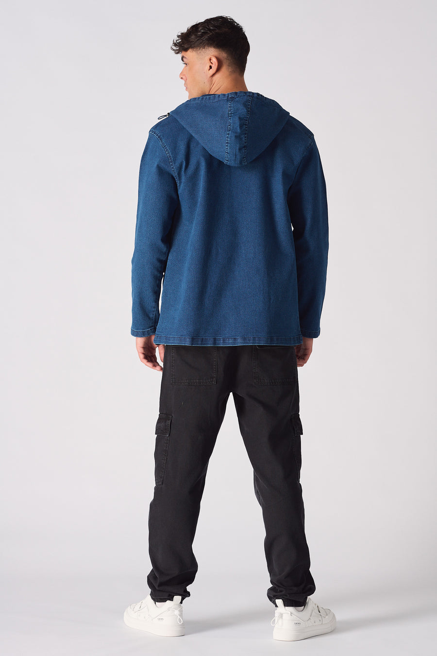 HOODED DENIM JACKET - MID BLUE WASH -  Men's Hooded Cargo Denim Jackets