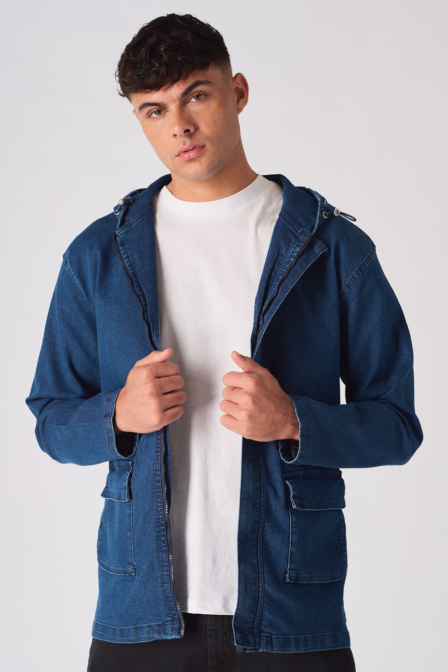 HOODED DENIM JACKET - MID BLUE WASH -  Men's Hooded Cargo Denim Jackets