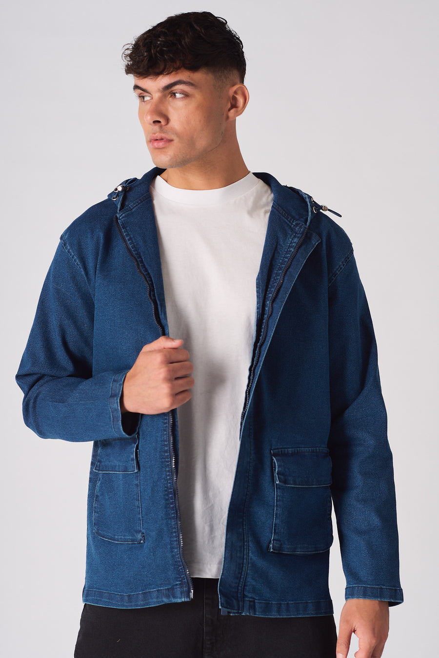 HOODED DENIM JACKET - MID BLUE WASH -  Men's Hooded Cargo Denim Jackets