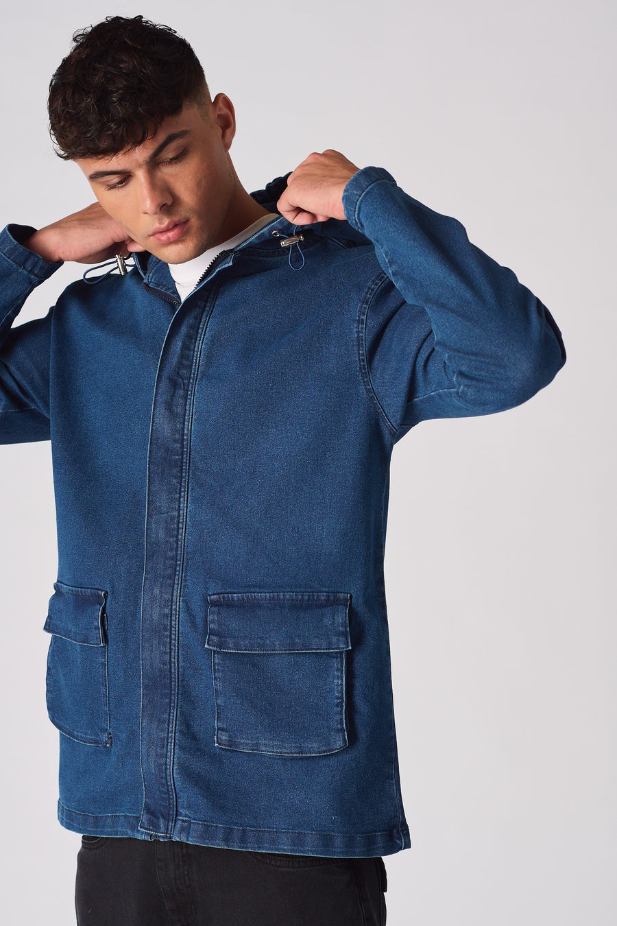 HOODED DENIM JACKET - MID BLUE WASH -  Men's Hooded Cargo Denim Jackets