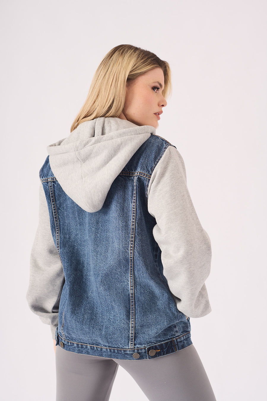 HOODED DENIM JACKET - MID BLUE WASH -  Women's Fleece Hooded Denim Jackets