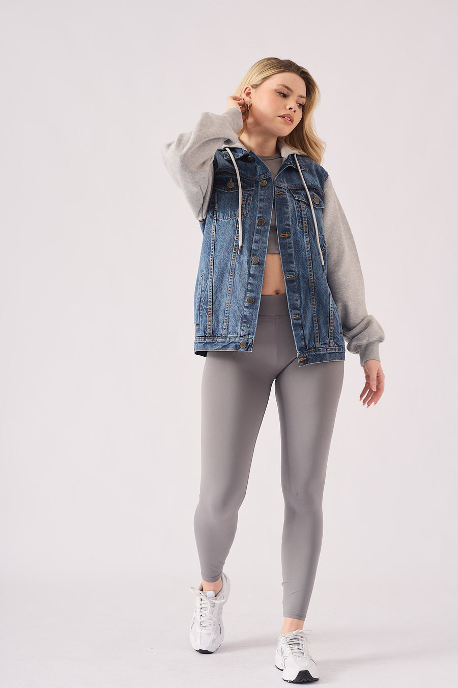 HOODED DENIM JACKET - MID BLUE WASH -  Women's Fleece Hooded Denim Jackets