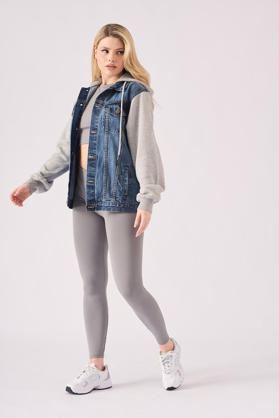 HOODED DENIM JACKET - MID BLUE WASH -  Women's Fleece Hooded Denim Jackets