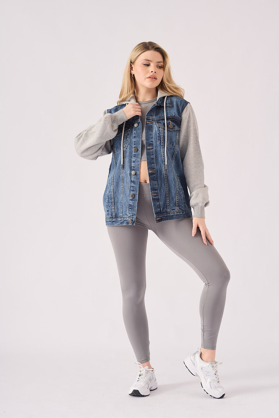 HOODED DENIM JACKET - MID BLUE WASH -  Women's Fleece Hooded Denim Jackets