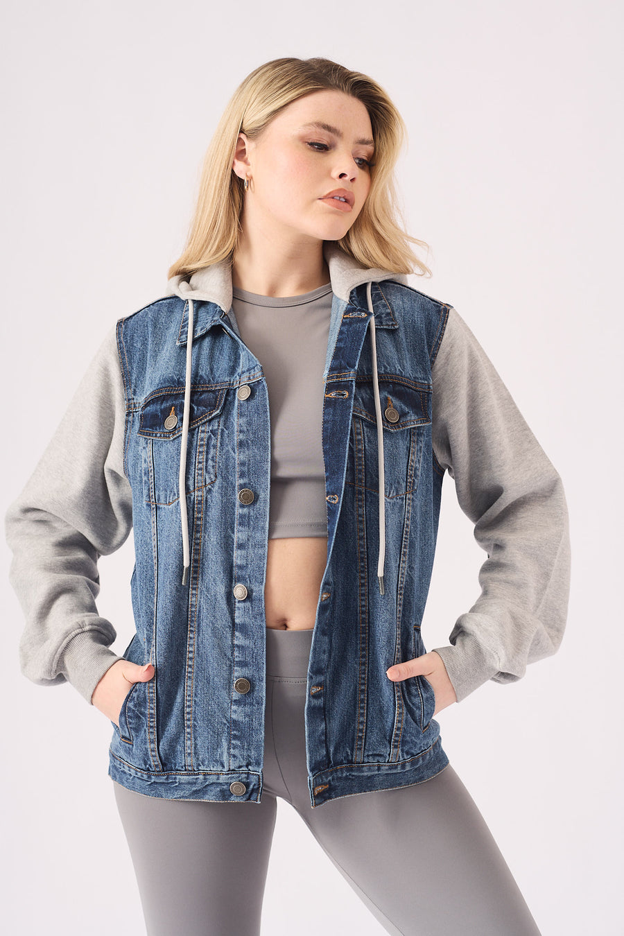 HOODED DENIM JACKET - MID BLUE WASH -  Women's Fleece Hooded Denim Jackets