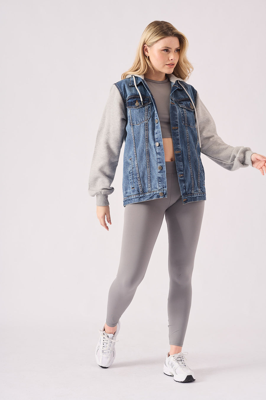HOODED DENIM JACKET - MID BLUE WASH -  Women's Fleece Hooded Denim Jackets