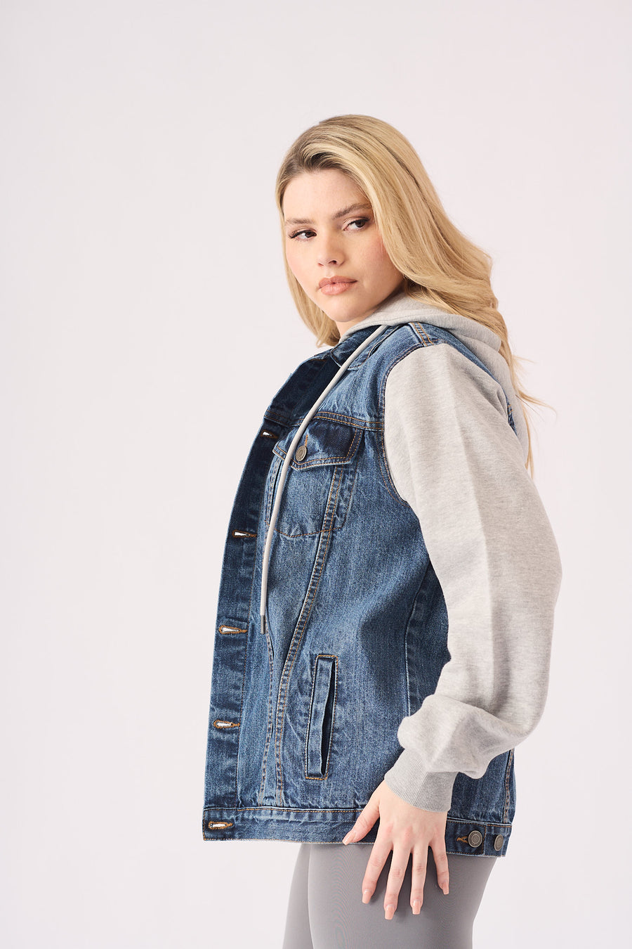 HOODED DENIM JACKET - MID BLUE WASH -  Women's Fleece Hooded Denim Jackets
