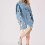 Edge Oversized Distressed Denim Shirt - Light Blue