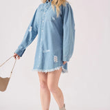 Edge Oversized Distressed Denim Shirt - Light Blue
