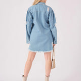Edge Oversized Distressed Denim Shirt - Light Blue