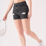 Olive Acid Wash Ripped Shorts - Black