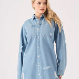 Edge Oversized Distressed Denim Shirt - Light Blue