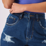 Fiora Ripped Denim Shorts – Mid Blue