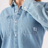 Edge Oversized Distressed Denim Shirt - Light Blue