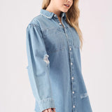 Edge Oversized Distressed Denim Shirt - Light Blue