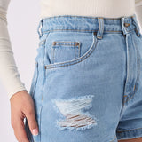 Cora Ripped Denim Shorts – Light Blue Wash