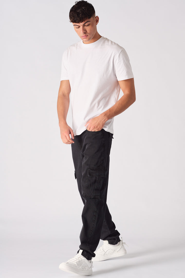 RELAXED FIT DENIM CARGO JEANS - BLACK WASH
