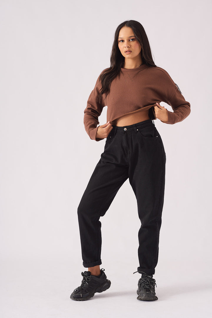 CREW NECK CROPPED JUMPER - BROWN