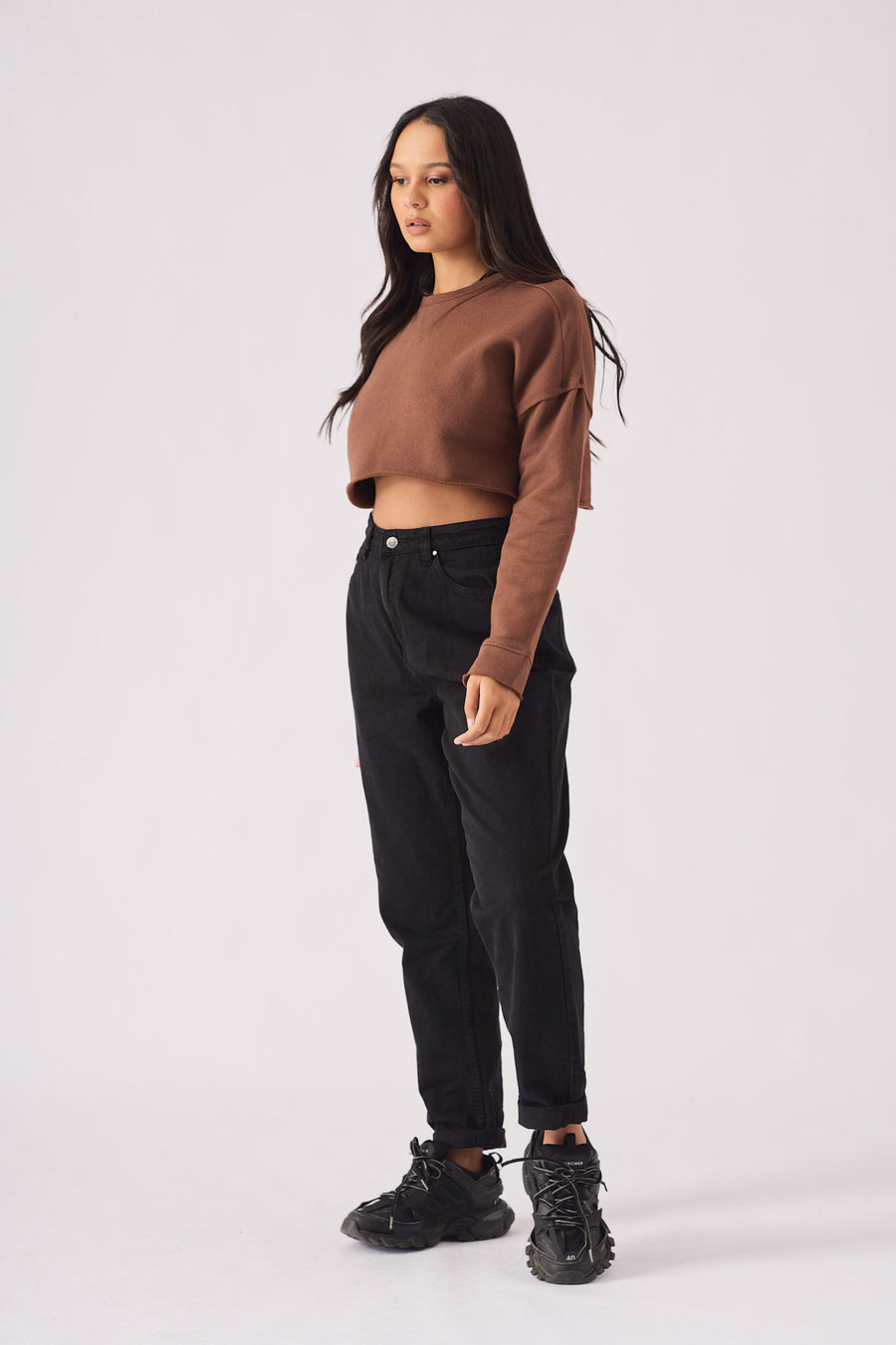 Crew Neck Cropped Jumper - Brown
