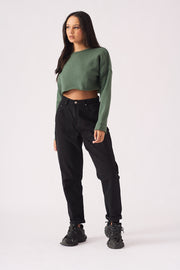 Crew Neck Cropped Jumper - Green