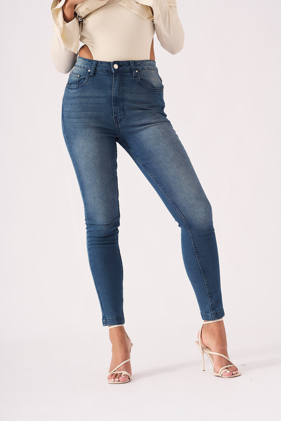 HIGH WAISTED SKINNY JEANS - MID BLUE