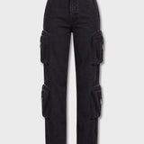 Evora Cargo Straight Leg Jeans with Removable Pockets - Black