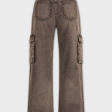 Dovie High Waisted Wide Leg Cargo Jeans - Chocolate Brown
