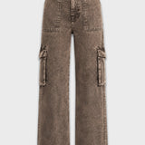 Dovie High Waisted Wide Leg Cargo Jeans - Chocolate Brown