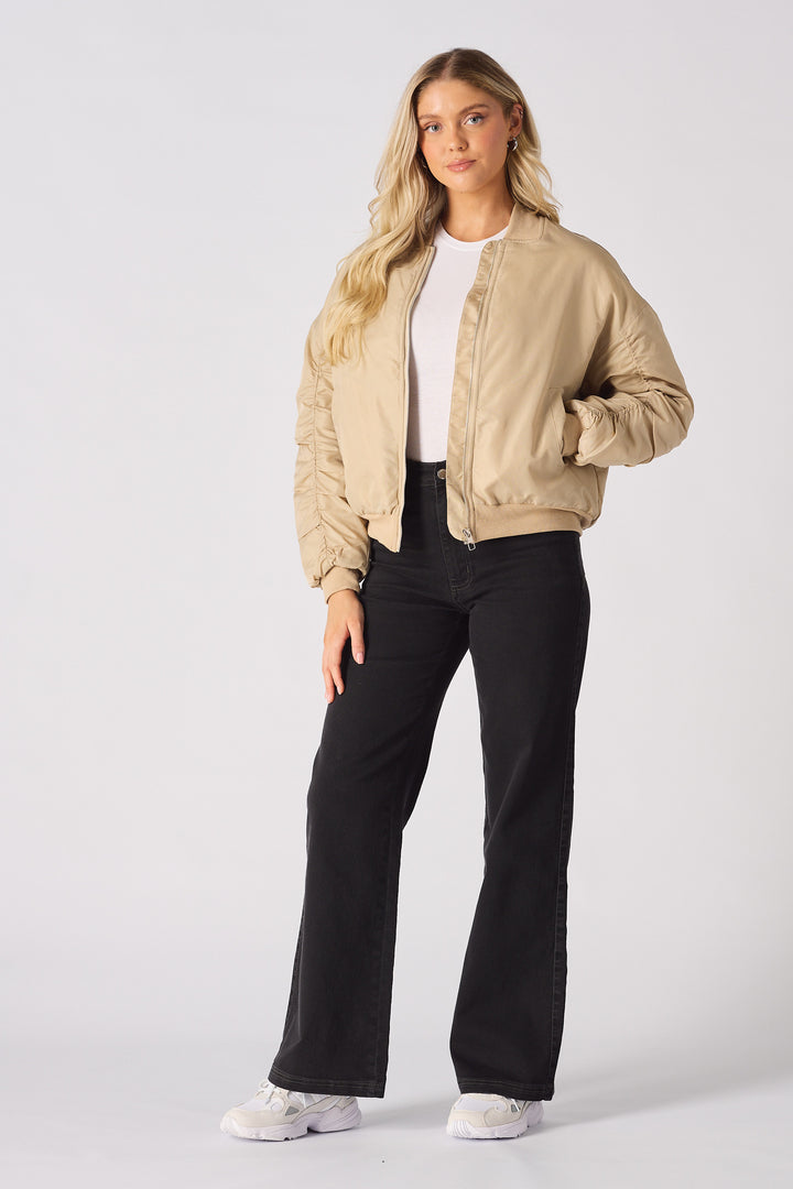 RUCHED PADDED BOMBER JACKET - BEIGE