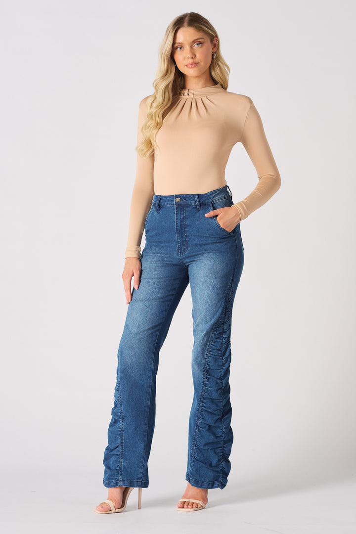 RUCHED SIDE PANEL WIDE LEG JEAN - MID BLUE WASH