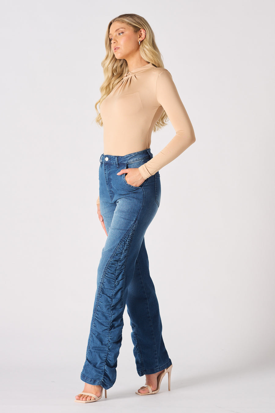 RUCHED SIDE PANEL WIDE LEG JEAN - MID BLUE WASH