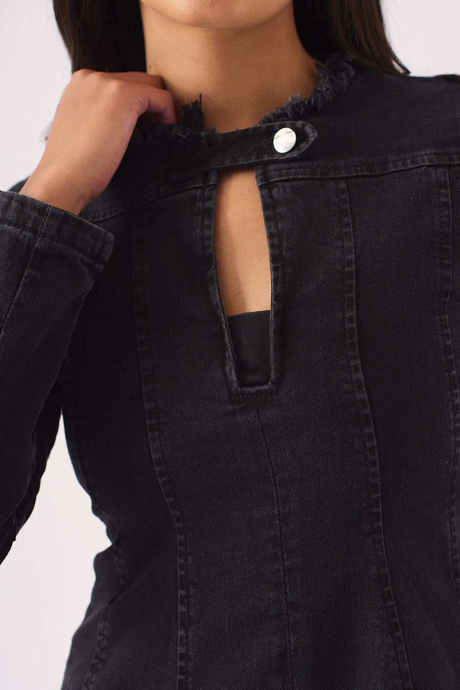 LONG SLEEVE DENIM DRESS - BLACK -  Women's Denim Dresses