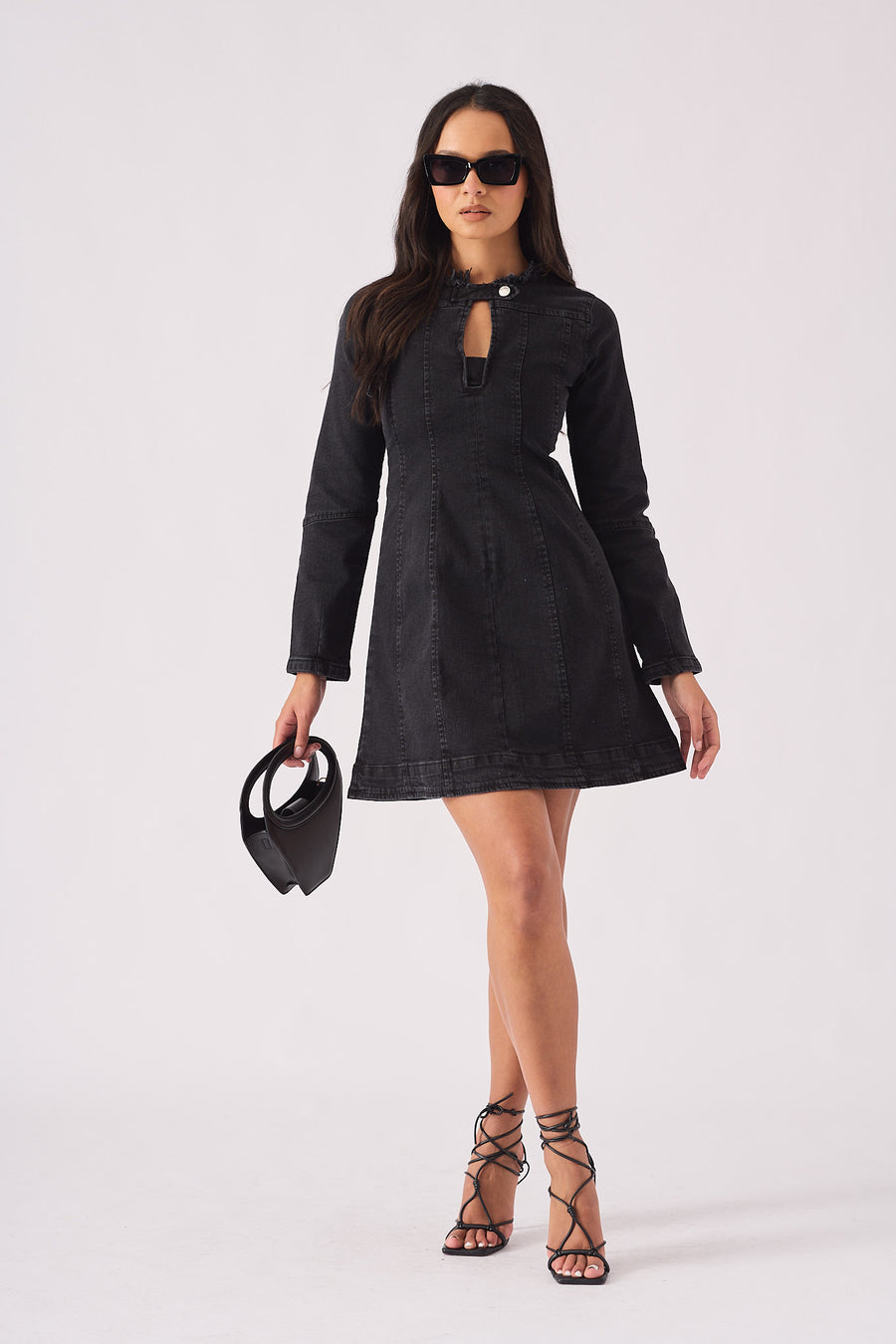 LONG SLEEVE DENIM DRESS - BLACK -  Women's Denim Dresses