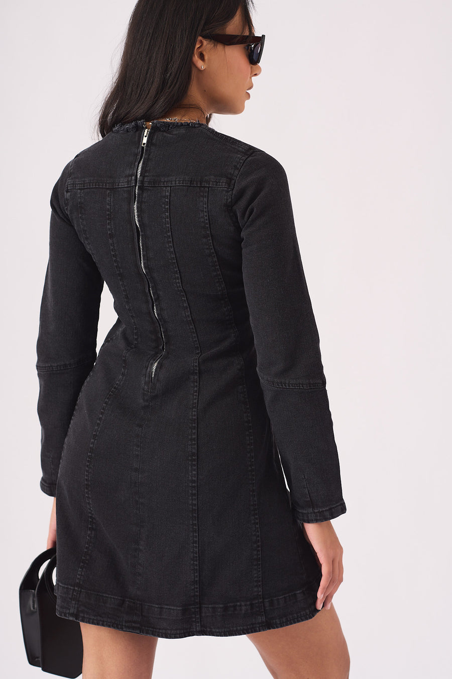 LONG SLEEVE DENIM DRESS - BLACK -  Women's Denim Dresses