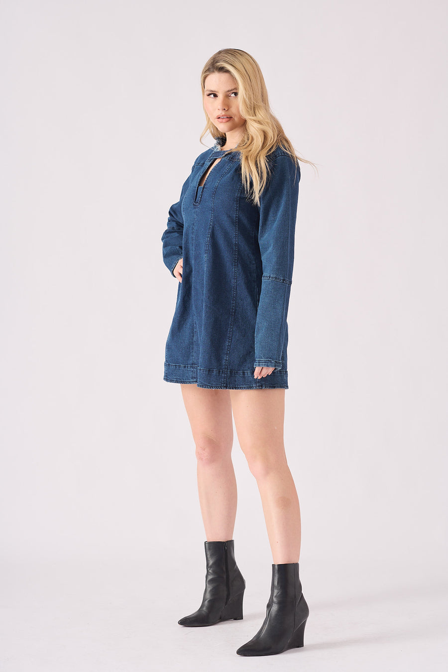 LONG SLEEVE DENIM DRESS - DARK BLUE -  Women's Denim Dresses