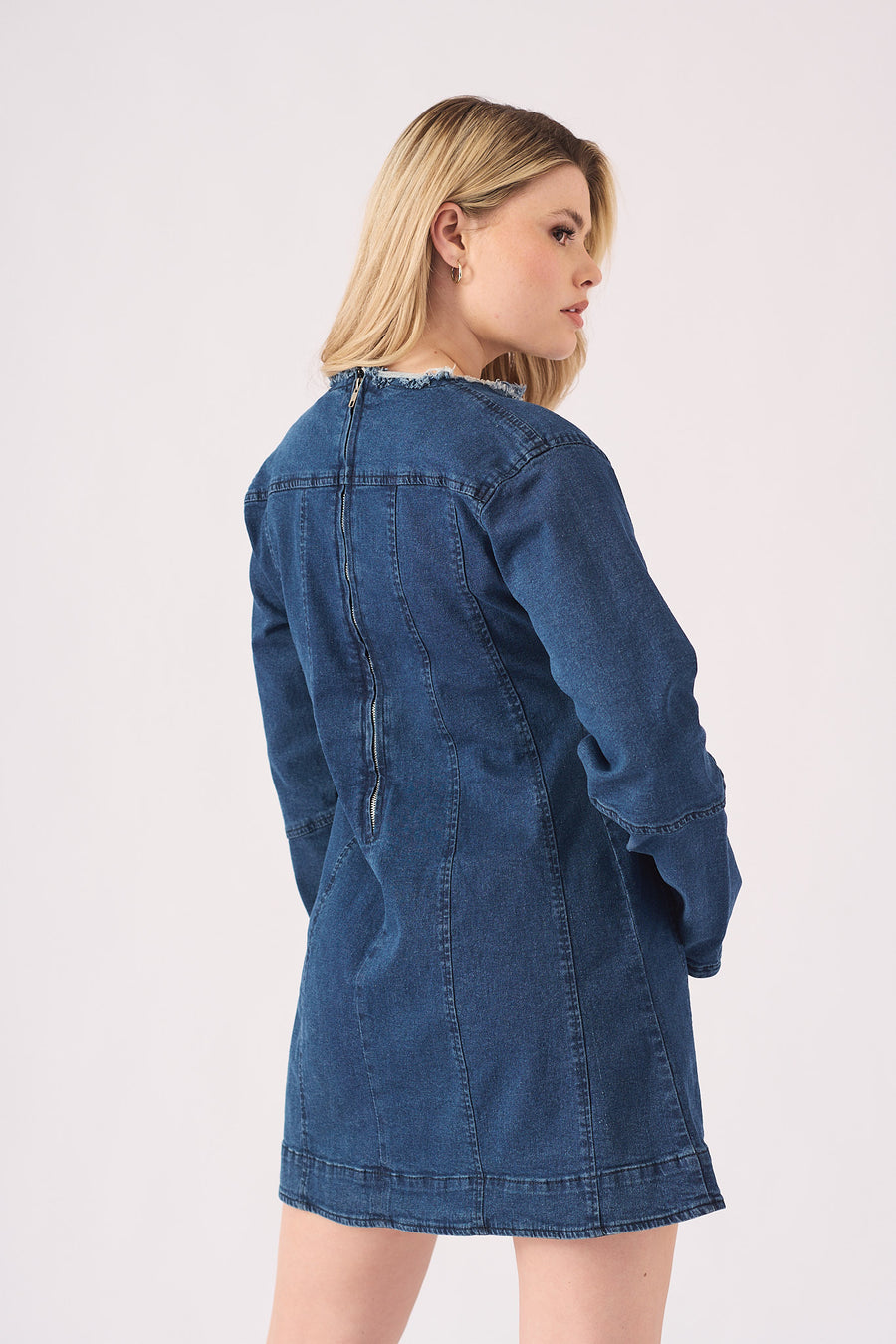 LONG SLEEVE DENIM DRESS - DARK BLUE -  Women's Denim Dresses