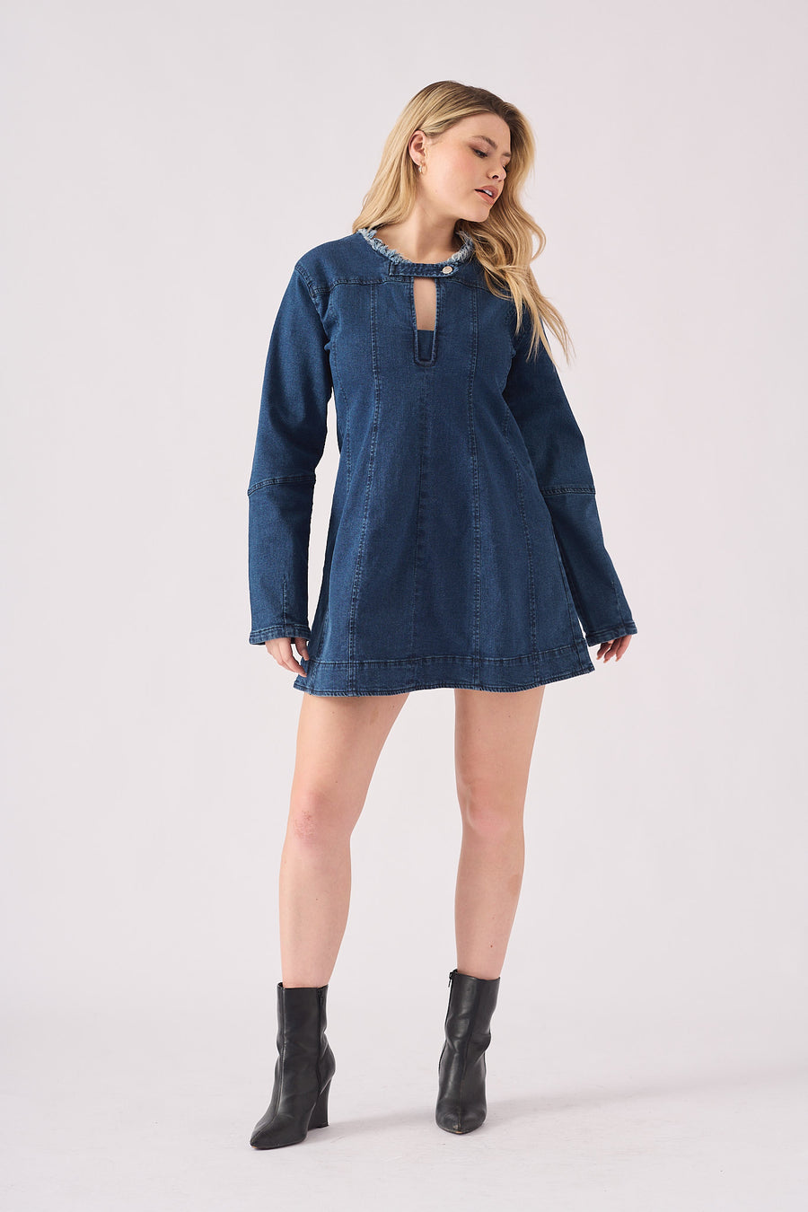 LONG SLEEVE DENIM DRESS - DARK BLUE -  Women's Denim Dresses