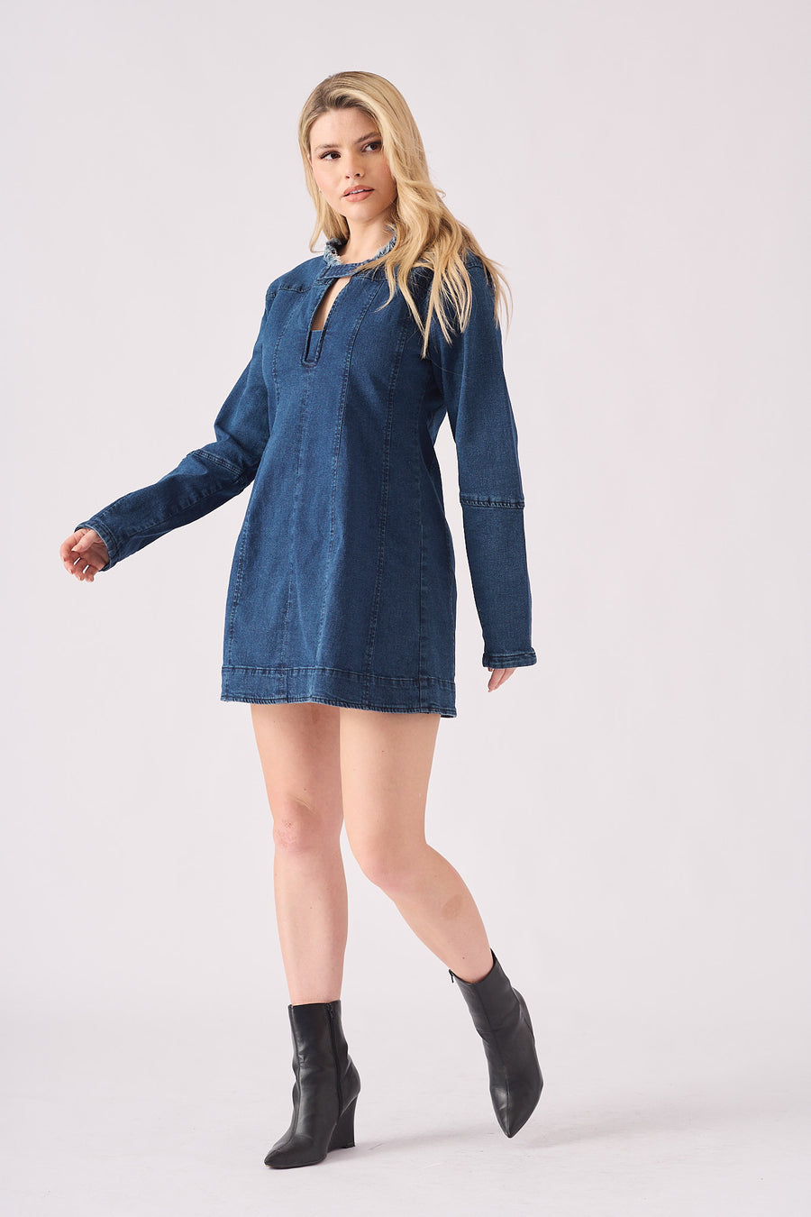 LONG SLEEVE DENIM DRESS - DARK BLUE -  Women's Denim Dresses