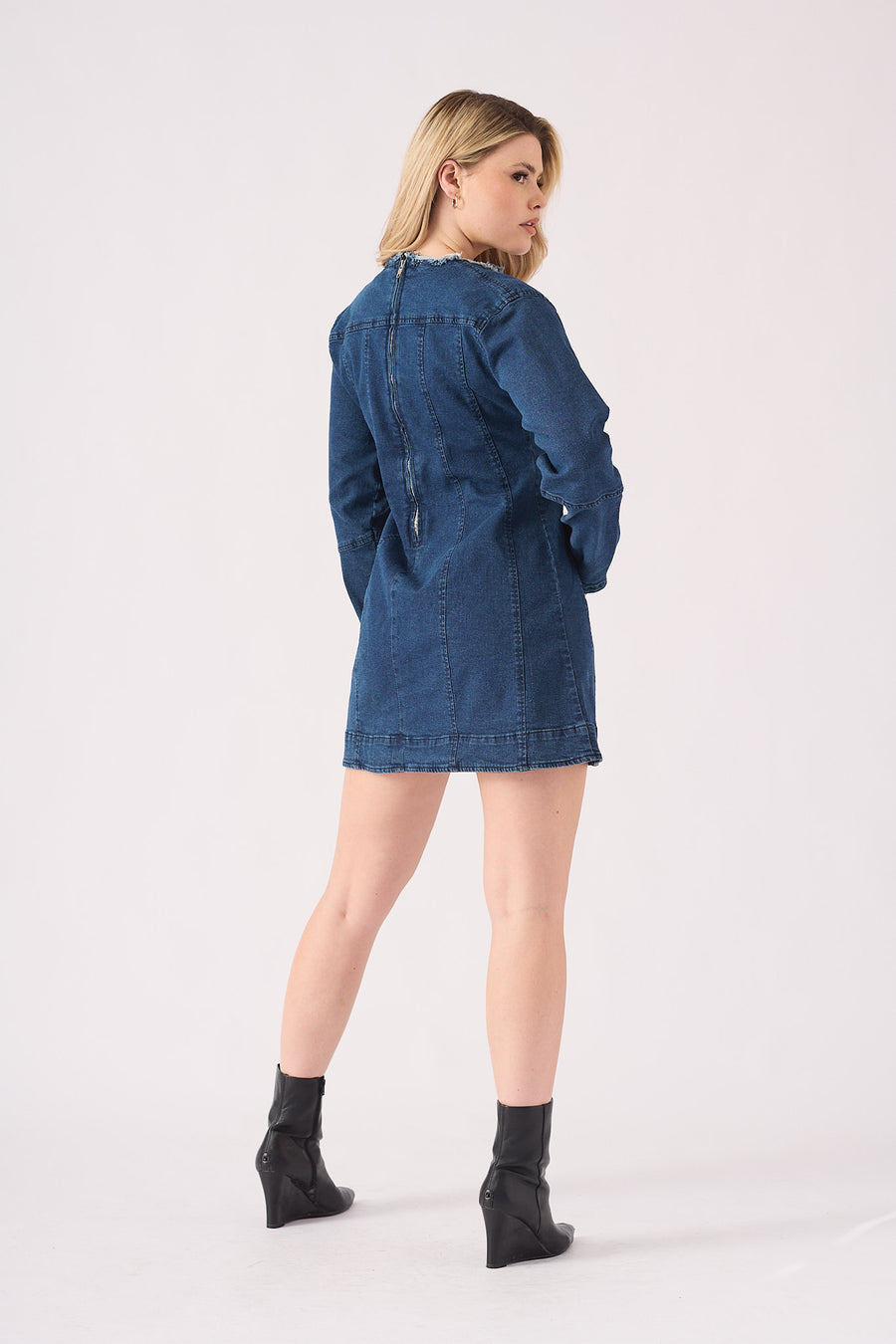 LONG SLEEVE DENIM DRESS - DARK BLUE -  Women's Denim Dresses