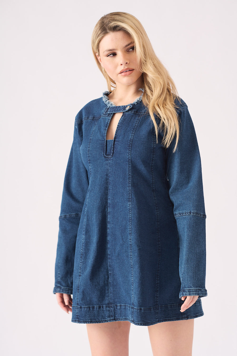 LONG SLEEVE DENIM DRESS - DARK BLUE -  Women's Denim Dresses